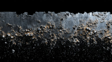Close-up of a heavily corroded metal surface with rust and rough textures against a black background, creating an industrial and grunge aesthetic for design projects. High quality photoの素材