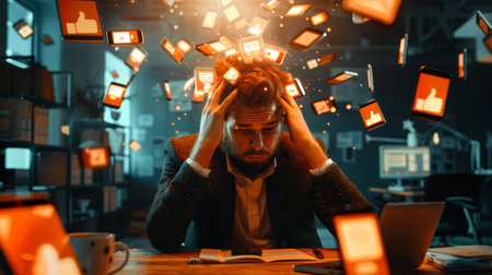 Person sitting at a desk with hands on head while numerous floating smartphone screens display social media like icons, symbolizing digital overload and stress. High quality photoの素材