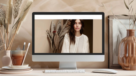 Modern workspace featuring a computer screen displaying a website mockup, surrounded by warm-toned decor and pottery, creating a stylish and professional setting. High quality photoの素材