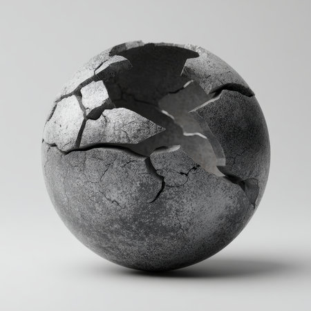 Close-up of a shattered metallic sphere with rough dark surface and cracks, creating a dramatic and futuristic abstract design concept. High quality photoの素材