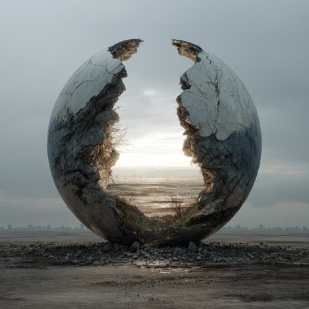Abstract cracked sphere placed on a sandy beach reflecting ocean waves and cloudy sky, symbolizing surrealism and conceptual art design. High quality photoの素材