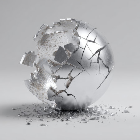 Abstract silver sphere broken into floating fragments on a light background, creating a futuristic and visually striking conceptual art piece. High quality photoの素材