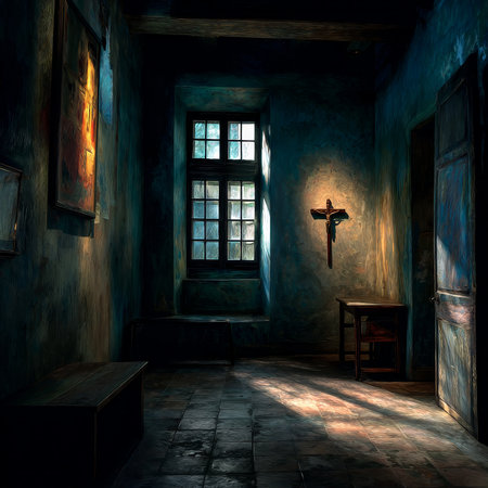 Moody interior of an old room with textured walls, wooden floor, and a single light illuminating a cross on the wall, evoking a dramatic atmosphere. High quality photoの素材