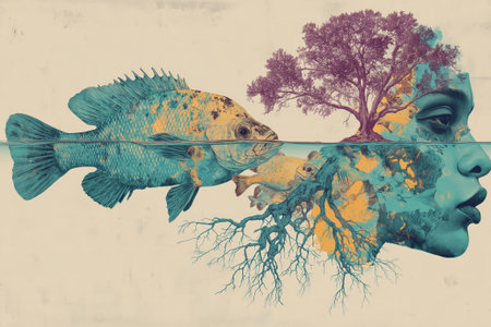 Artistic illustration combining fish silhouettes with botanical patterns in a harmonious composition, creating a surreal and symbolic nature-inspired design. High quality photoの素材