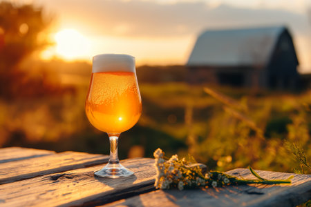 Close-up of a beer glass on a rustic wooden table with a scenic farmhouse and glowing sunset in the background, creating a warm rural vibe. High quality photoの素材