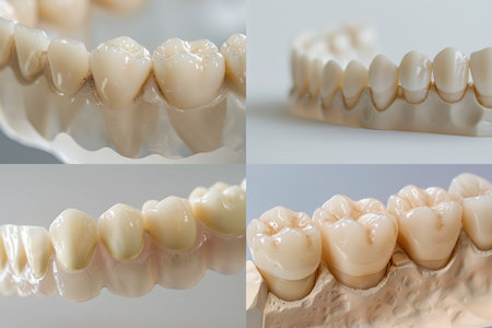 Close-up image of porcelain dental crowns fixed on an anatomical plaster model, representing advanced dental restoration and cosmetic dentistry techniques. High quality photoの素材