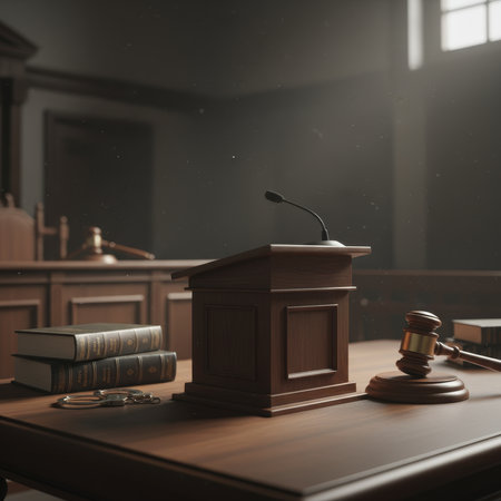 Interior of a courtroom featuring a judge bench, podium, and symbolic scales of justice under dramatic lighting. High quality photoの素材