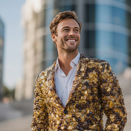 Individual dressed in a stylish gold patterned jacket posing outdoors with blurred city background, ideal for fashion and lifestyle concepts. High quality photoの素材
