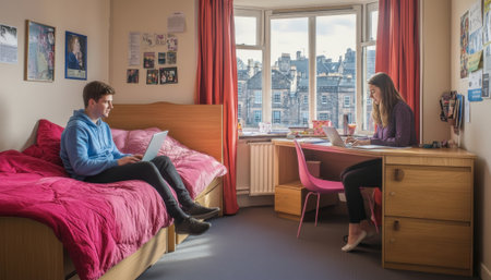 Warm and inviting bedroom featuring a comfortable bed, wooden furniture, and natural light, ideal for home decor and interior design.の素材