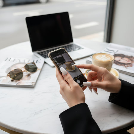Close-up of hands holding a smartphone over an office desk with laptop, coffee cup, and documents, representing modern business and technology. High quality photoの素材