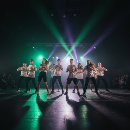 Dynamic dance group performing on a stage illuminated by colorful lights and smoke effects, creating an energetic and artistic atmosphere. High quality photoの素材