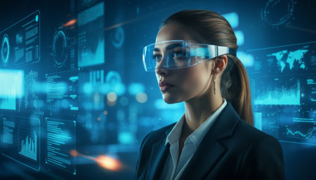 Professional in a suit interacting with a digital holographic interface in a modern high-tech environment, symbolizing innovation and technology. High quality photoの素材