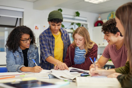 Children gathered around a table working on school assignments with books and papers in a bright classroom setting, representing education and teamwork. High quality photoの素材