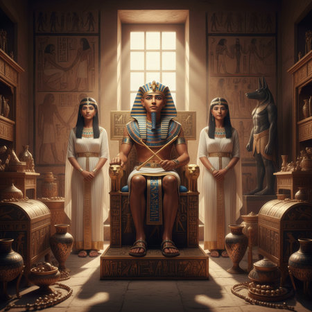 Group of people dressed in historical attire posing in a vintage room with ornate furniture and warm lighting, evoking a classic and regal atmosphere. High quality photoの素材