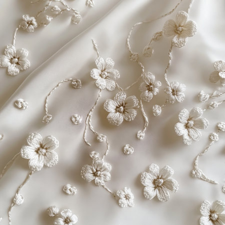 Delicate White Floral Embroidery Pattern on Elegant Fabric Background.の素材
