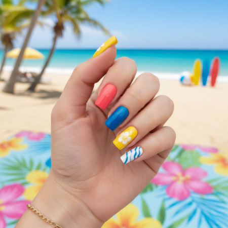 Woman's Hand with Vibrant Summer Nails at Tropical Beach.の素材