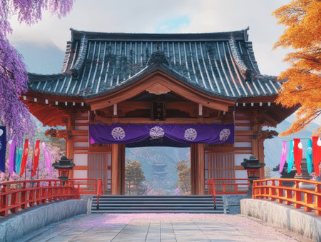 A tranquil path with scattered petals leads over a red bridge to a sacred wooden gate. Banners and seasonal trees in brilliant purple and orange create a serene mood.の素材