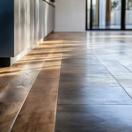 The close-up captures a modern kitchen floor, featuring a striking combination of wood and dark tile panels. Sunlight streams in, illuminating the textured surfaces and adding warmth to the minimalist interior design.の素材