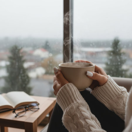 Woman holding warm steaming mug by rainy window.の素材
