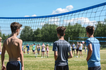 Three Young Men Watching Outdoor Volleyball Game.の素材