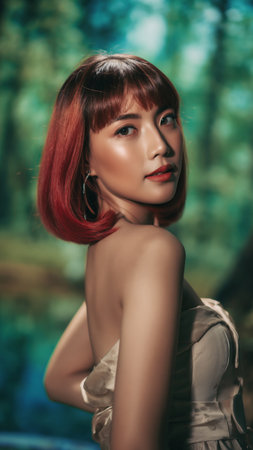 A gorgeous woman with red-dyed hair poses in a cream-colored dress against a blurred green background, her makeup accentuating her features. The lighting adds a soft glow to her skin.の素材