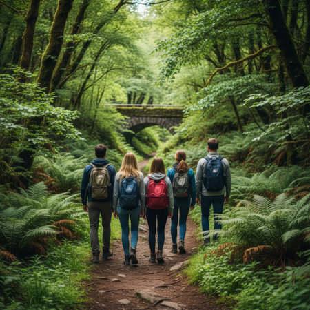 Young Men and Women Trekking Lush Green Forest Trail.の素材