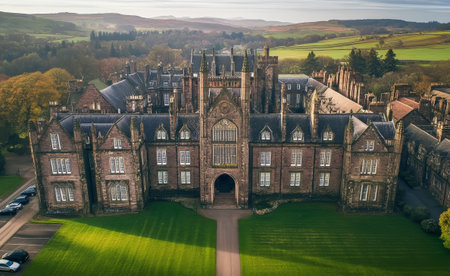 Majestic Loretto School Architecture Overlooking Picturesque Scottish Hills.の素材