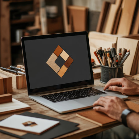 Artisan Man Designs Wood-Themed Logo on Laptop in Workshop.の素材