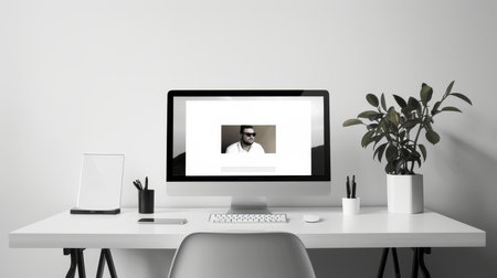 A sleek, contemporary workspace bathed in monochromatic tones showcases a modern computer displaying an image of a man. The scene is complemented by a potted rubber plant, a blank picture frame, and office essentials.の素材