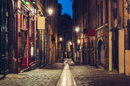 Historic Cobblestone Alley in Old Lyon at Night.の素材