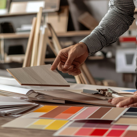 Man choosing wood laminate samples in his workshop.の素材