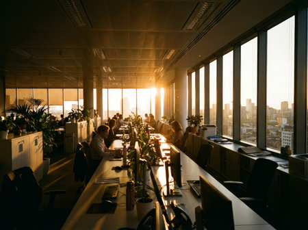 A vibrant open-plan office bathed in the warm glow of late afternoon sun, highlighting focused workers and lush green plants with a city skyline backdrop.の素材