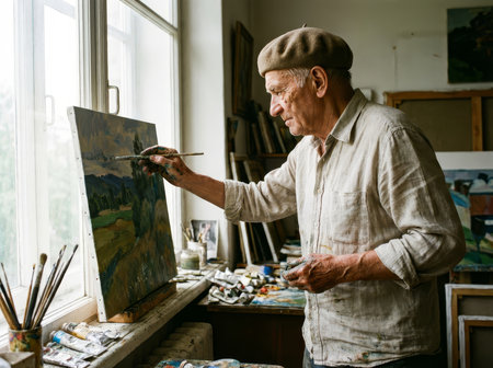 A focused senior artist, wearing a beret and paint-stained shirt, meticulously applies brushstrokes to an oil painting. Soft, natural light from a large window illuminates his traditional studio, filled with canvases and art supplies.の素材