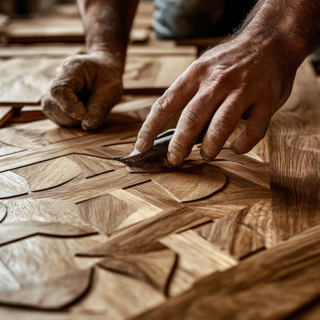 A man's hands are smoothing a newly laid parquet floor using a small scraper tool. The warm tones of the wood create a rich, textured surface. Craftsman using traditional methods to create a beautiful pattern.の素材