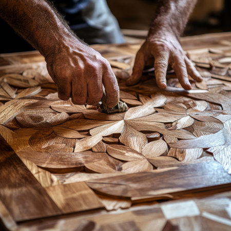 Craftsman hands meticulously creating wooden inlay floral pattern.の素材