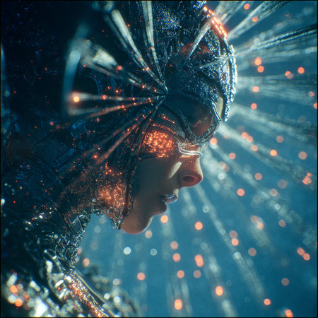 A woman gazes downward, adorned with complex cybernetic headgear and glowing lights. The cool blue and warm orange hues create a captivating blend of futuristic technology and human beauty.の素材