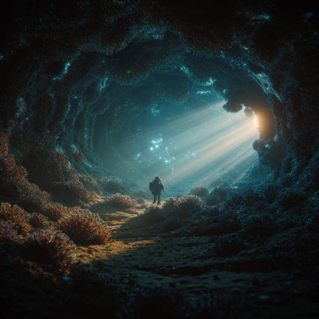 A lone astronaut, equipped with a suit and backpack, stands at the entrance of a vast, otherworldly cave. Sunlight streams in, illuminating coral-like formations in blue and orange hues on the cave walls and ground.の素材