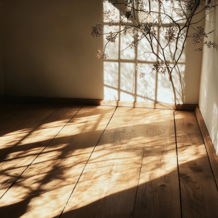 Warm sunlight streams through a window, casting intricate shadows of a plant onto a light beige wall and a textured wooden floor. The light creates a cozy and inviting atmosphere.の素材