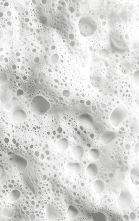 A close-up captures the delicate texture of white foam. The varying sizes of the bubbles create an abstract pattern, full of texture and gentle curves in a monochromatic color scheme.の素材