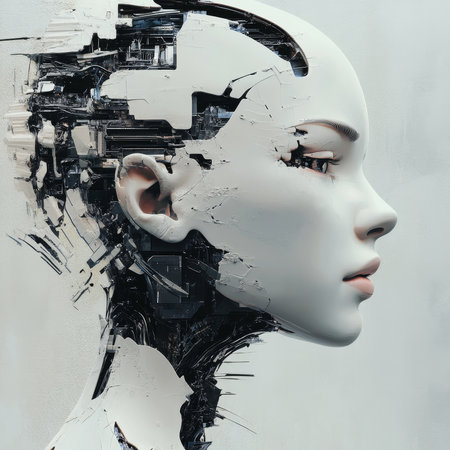 Close up of a female android head in profile with visible internal mechanics. The color palette is limited to white and black, giving a futuristic and clean aesthetic.の素材