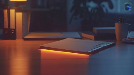 A cozy workspace featuring soft lighting, binders, notebooks, a mug, and glowing folder adding warmth against the evening shadows of a modern office setting.の素材