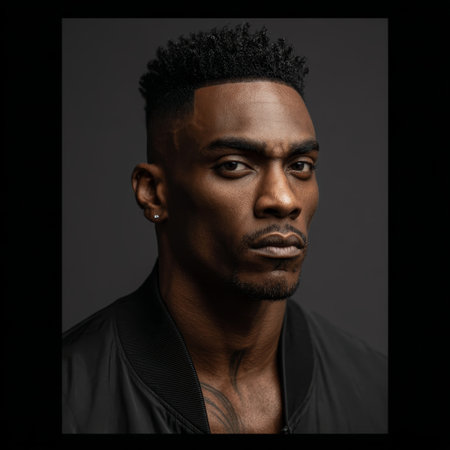 Portrait of a man wearing a dark bomber jacket, minimal lighting highlighting texture and details on the fabric in a studio setting.の素材