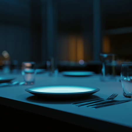 An elegant table setup with plates, cutlery, and glasses in a dimly lit modern environment, showcasing a calm and sophisticated atmosphere.の素材