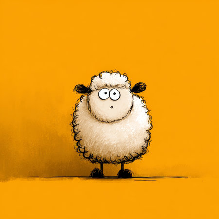 A cute cartoon sheep with wide eyes stands against a bright orange background, creating a whimsical and humorous atmosphere with minimalistic design.の素材