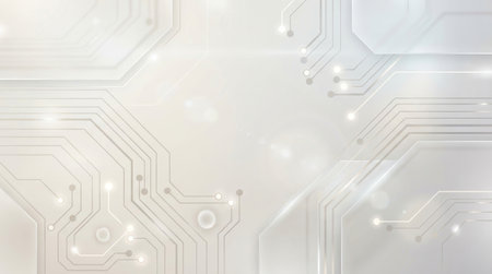 This luminous background displays intricate electronic pathways on a pristine white and silver gradient. The ethereal glow suggests connectivity and innovation in a sleek, elegant design.の素材