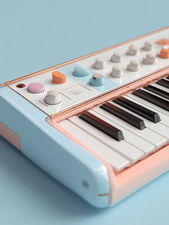 A vibrant electronic synthesizer with pastel tones and retro design. The blue and peach colors create a nostalgic and playful atmosphere.の素材