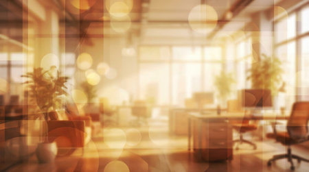 A soft, out-of-focus view of a modern open-plan office space bathed in warm, golden light and abstract bokeh effects, creating a serene and spacious atmosphere suitable for corporate design.の素材