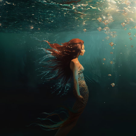 A serene underwater scene featuring a mermaid with vibrant red hair and shimmering scales, surrounded by light rays and tiny marine particles in a teal ocean setting.の素材