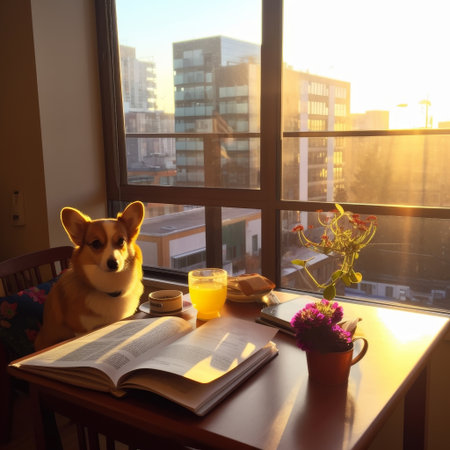 A charming corgi sitting by a wooden desk with an open book, orange juice, and coffee. Sunlight filters through a window overlooking city buildings.の素材