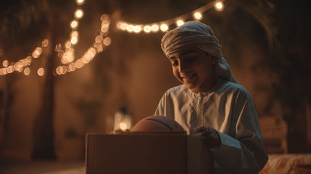 An Arab man dressed in traditional clothing holds a cardboard box with a basketball inside, under glowing string lights creating a warm evening ambiance.の素材